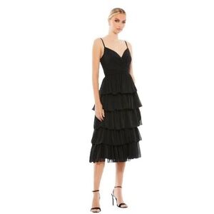 MAC DUGGAL 55437 Ruffle Layered V-Neck Midi Dress in Black Size 0
